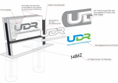 Lineart Isometric drawing. Illuminated Monument sign that reads UDR Unity Disposal and Recycling LLC