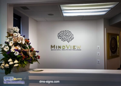 Mindview Behavioral Health and Wellness Logo made out of Acrylic Dimensional Letters with Metal Finish Laminate. It’s a great Alternative to expensive metal cut out letters.