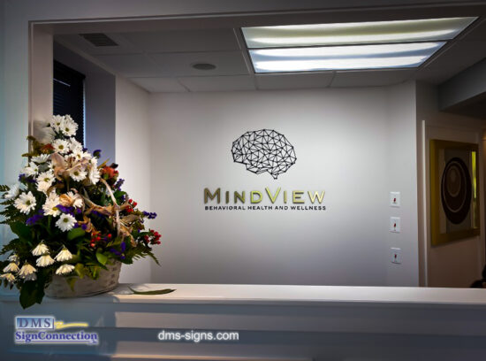 Mindview Behavioral Health and Wellness Logo made out of Acrylic Dimensional Letters with Metal Finish Laminate. It’s a great Alternative to expensive metal cut out letters.